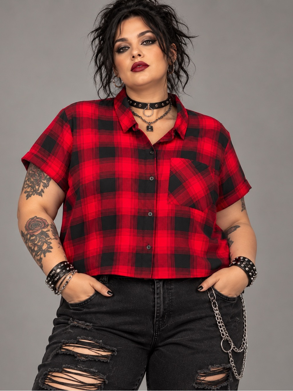 Red Black Plaid Boxy Cropped Button Up Shirt Punk Grunge Goth Torrid Size 3